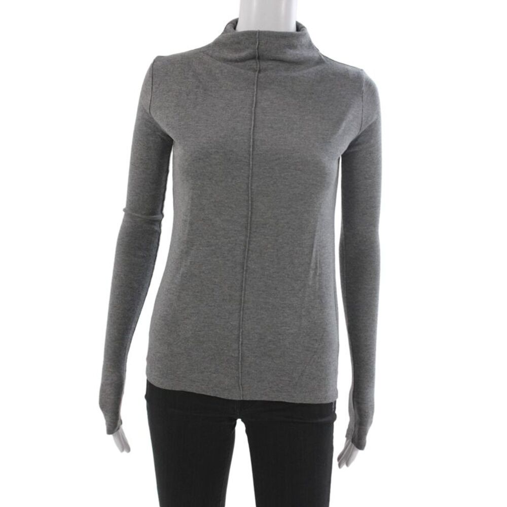 Maje Womens Basic T-Shirt Gray Cotton Mock Neck Long Sleeve Size 1